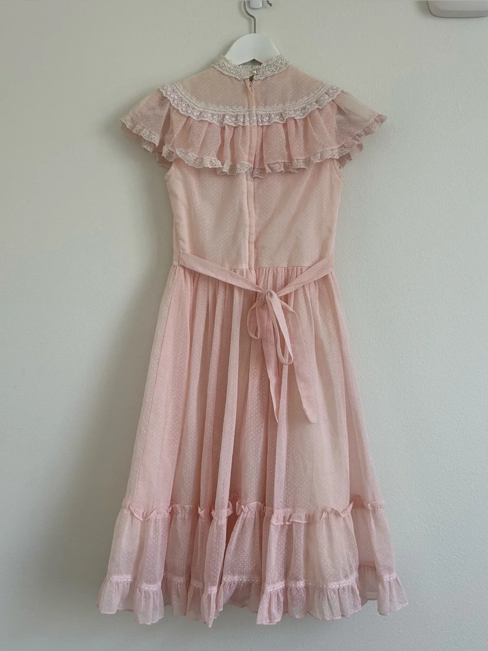 Gunne Sax Pink Polka Dot Lace Dress with Pearl Trim High Victorian Neckline - Picture 2 of 9